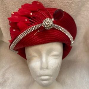 Vintage Custom Made Red Rhinestone Church/Wedding Hat W/Bib And Matching Hat Pin